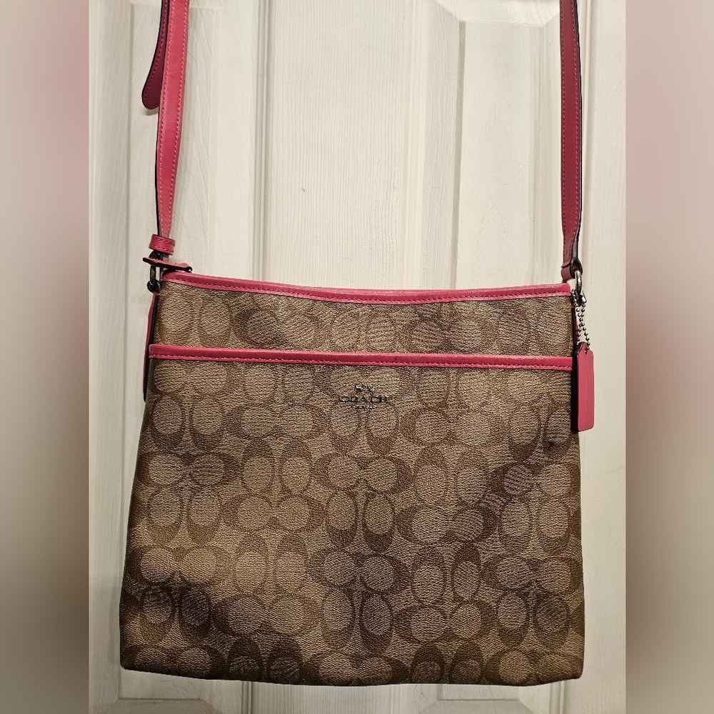 Coach Signature Crossbody Bag in Brown with Pink Trim